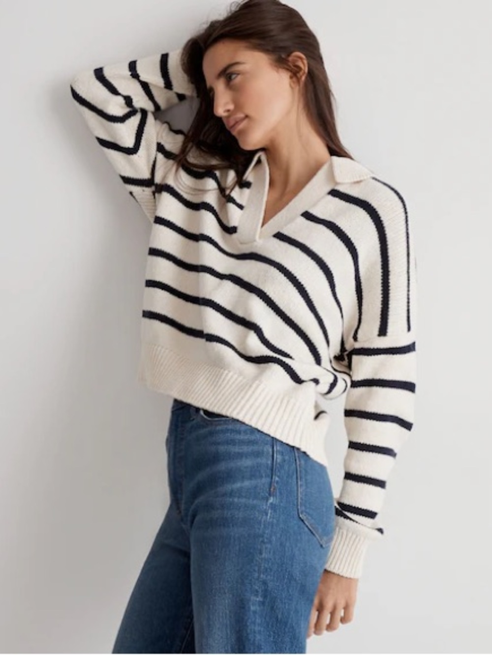 Madewell Dedham Polo Sweater in Stripe Oversized Antique Cream Stripe Size XXS